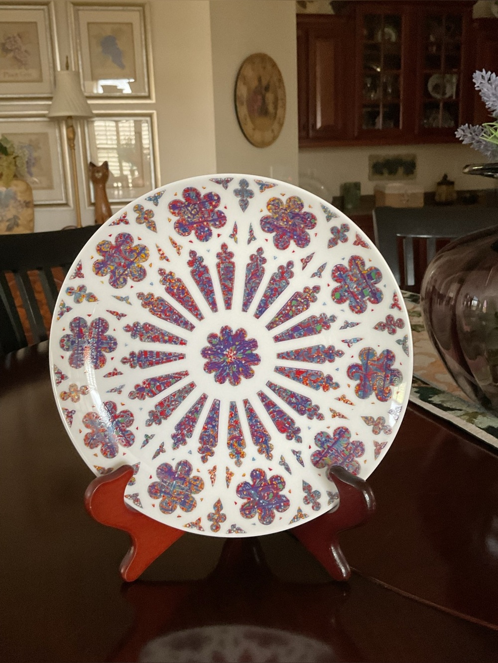 Decorative White Ceramic Plate with Multicolor Floral Medallion